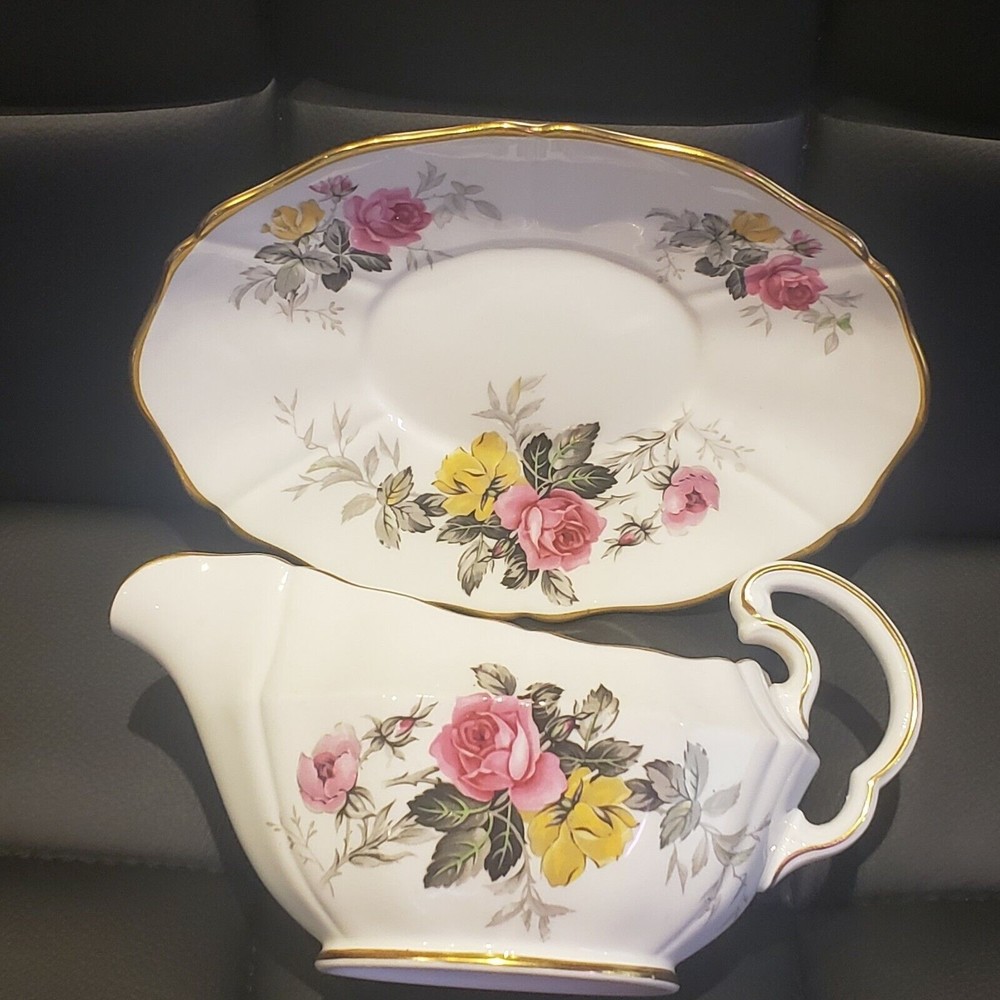 Adderley Fine Bone‎ China ALTON Gravy Boat & Plate Pink Yellow Roses Gold Trim